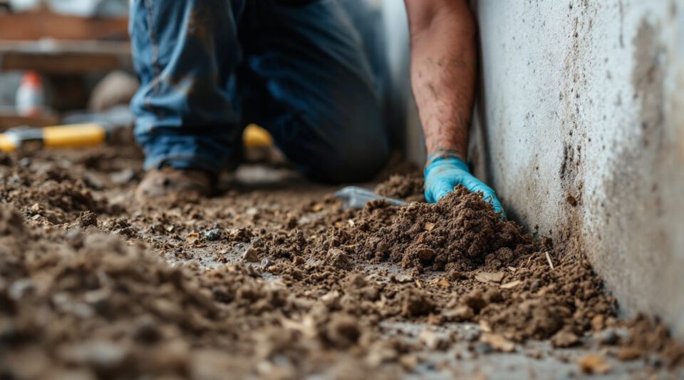 Technician in protective gear inspecting a damp crawl space for mold growth in Austin