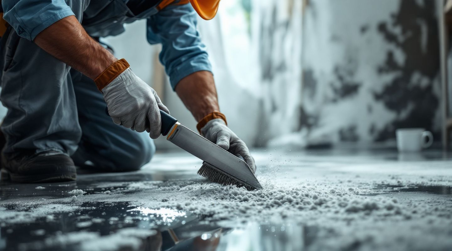 Mold remediation technician in full PPE inspecting a wall with visible mold growth