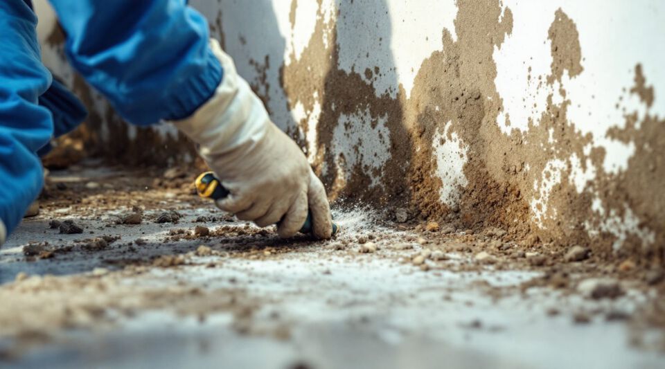 Certified mold remediation specialists in full PPE inspecting a mold-affected wall