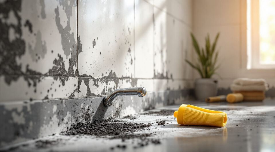 Professional inspecting mold growth on a bathroom wall near a shower