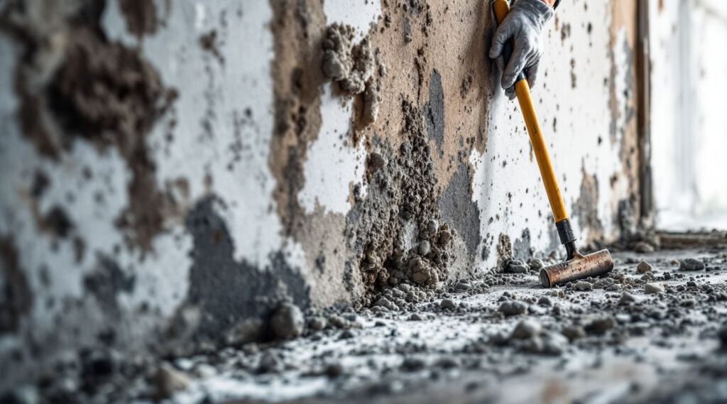 Professional mold inspector examining a wall with visible mold growth using specialized equipment