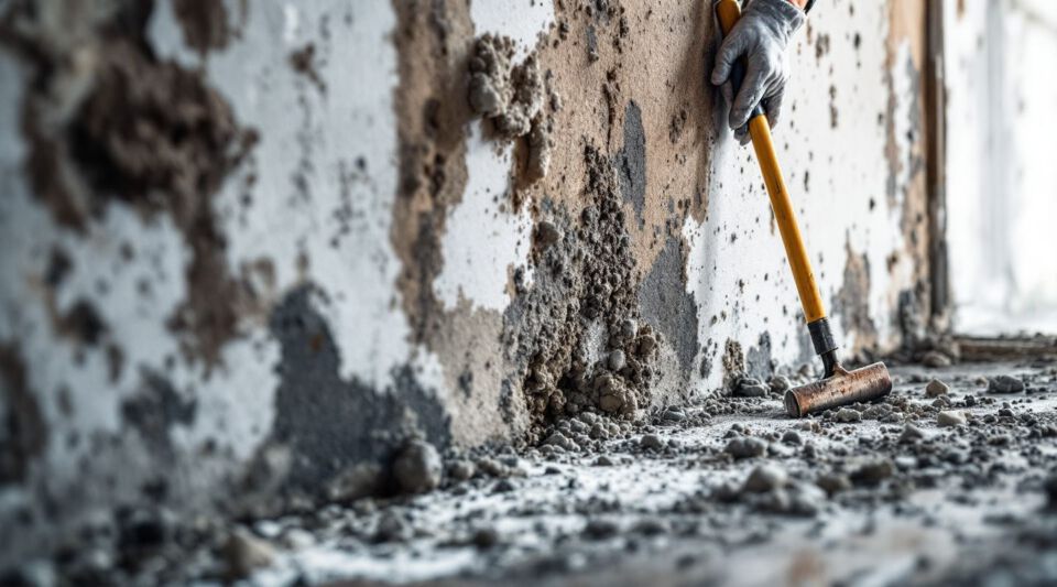 Professional mold inspector examining a wall with visible mold growth using specialized equipment