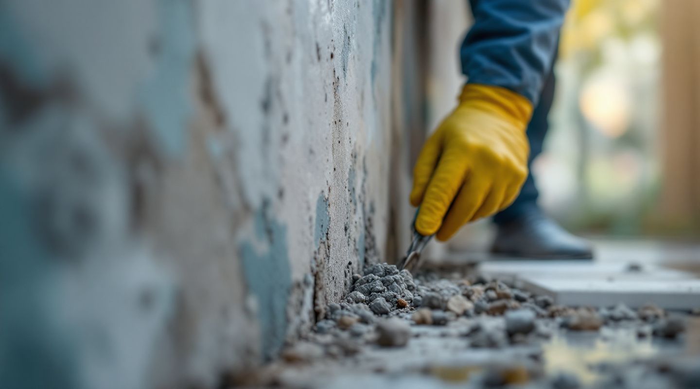 Professional mold remediation technician inspecting a mold-affected wall with specialized equipment