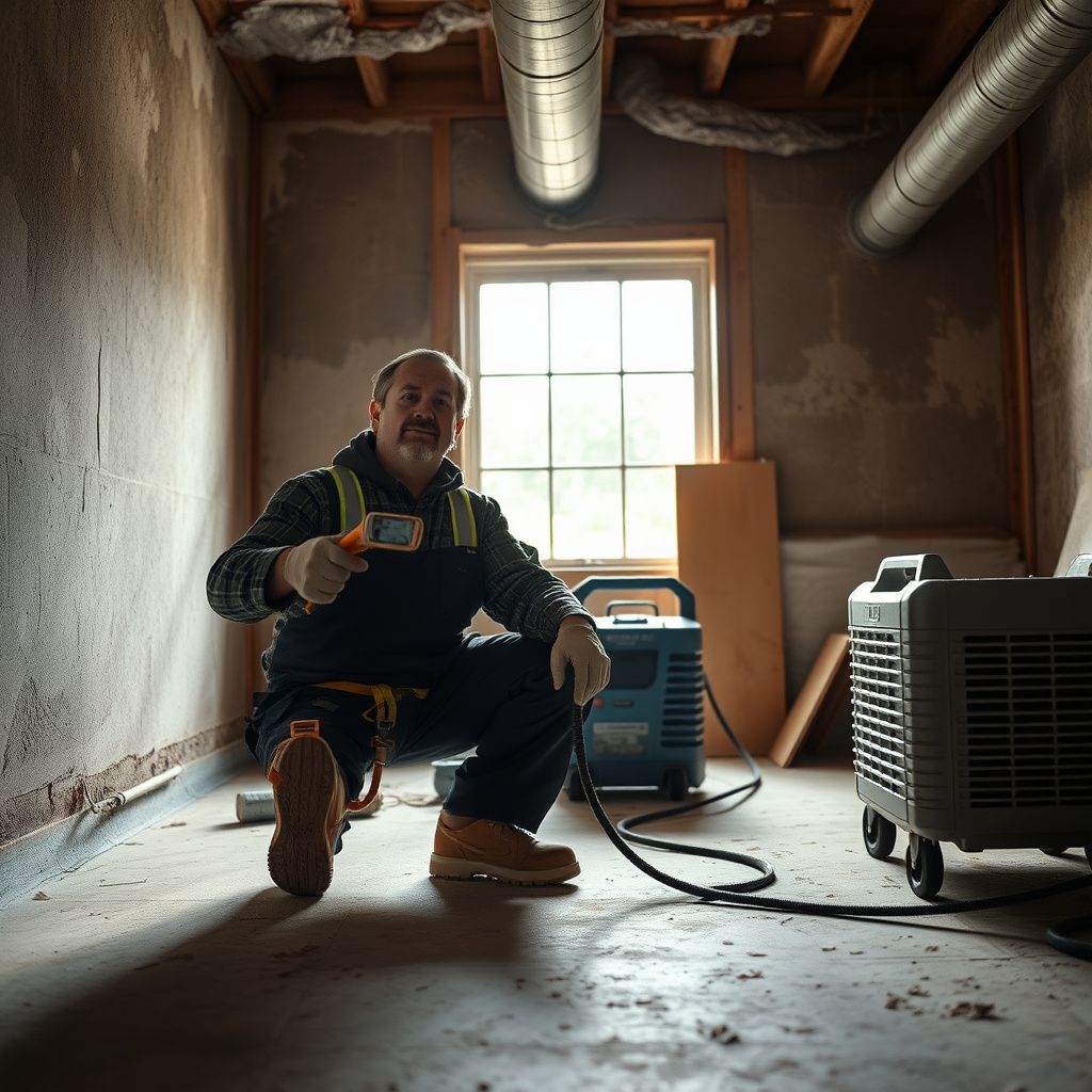 A certified mold remediation technician explaining the process to a Bee Cave homeowner in a clean, post-remediation living room.