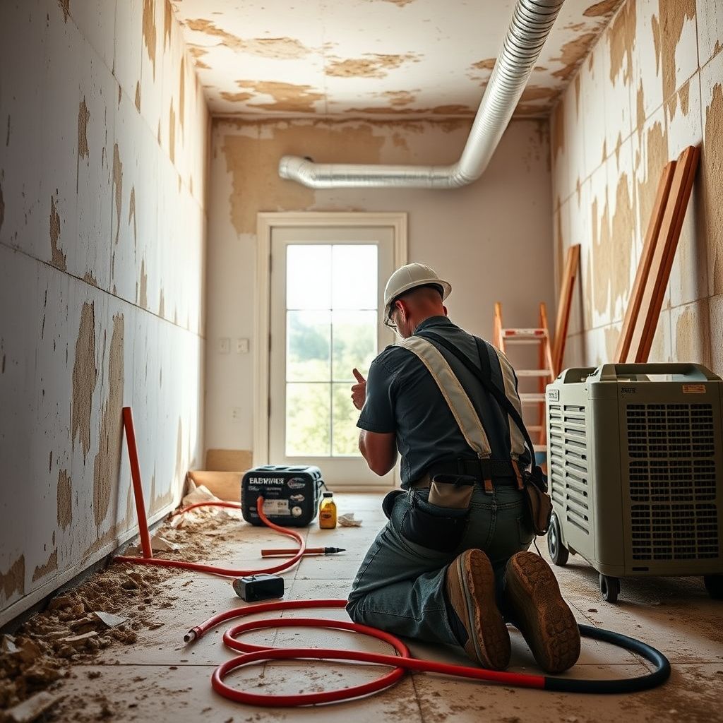 A certified mold remediation technician inspecting a wall in a Lakeway home using a moisture meter, wearing appropriate PPE.