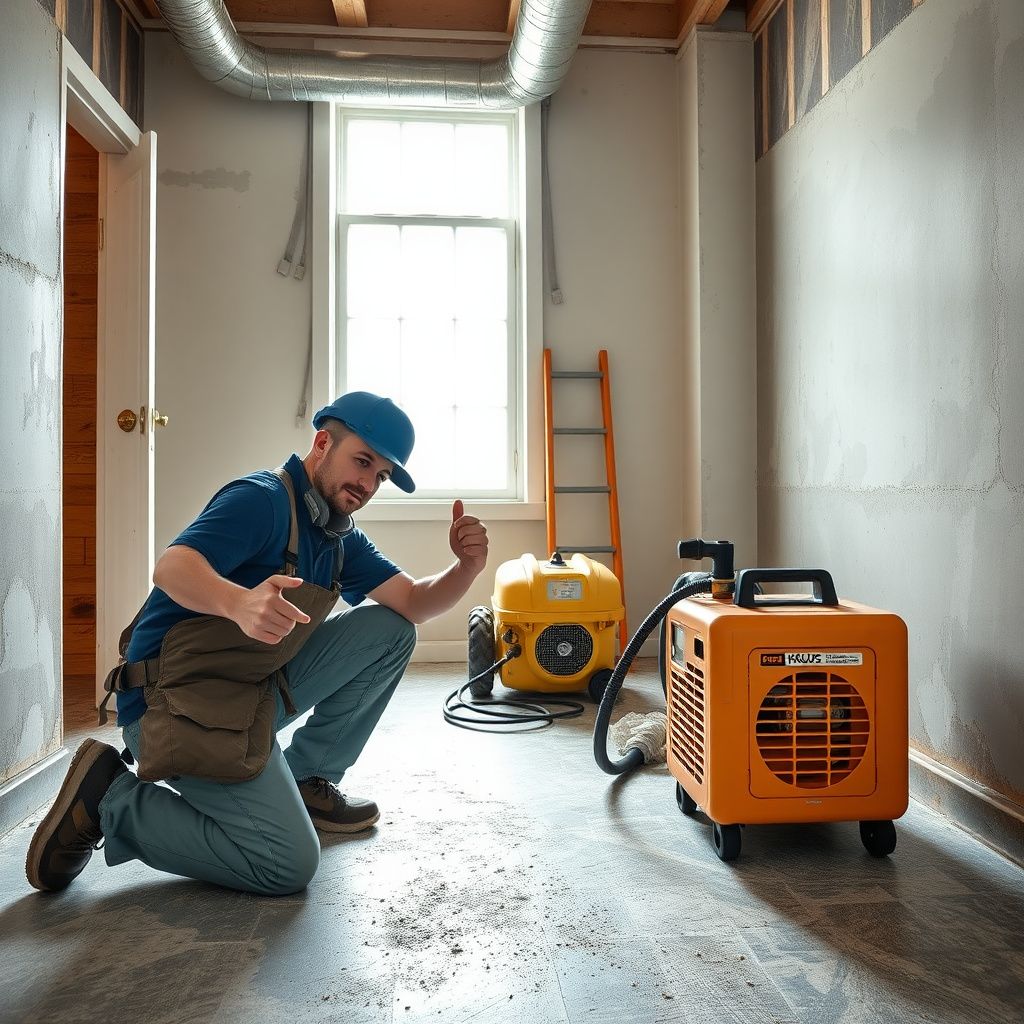 A Storm Guard Mold Removal technician, wearing a respirator, discussing a mold remediation plan with a Hutto homeowner in a clean, well-lit room.
