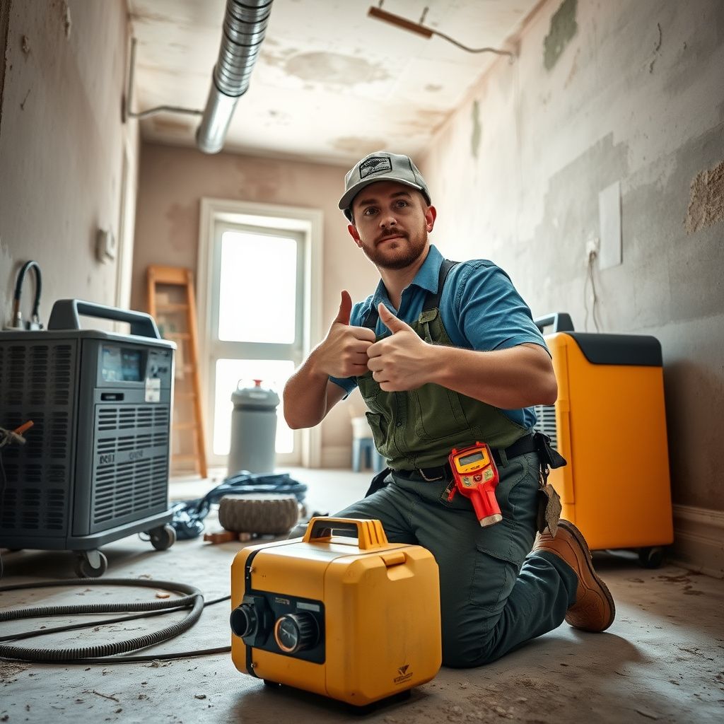 A certified mold remediation technician inspecting a wall with a moisture meter in a Cedar Park residential basement.