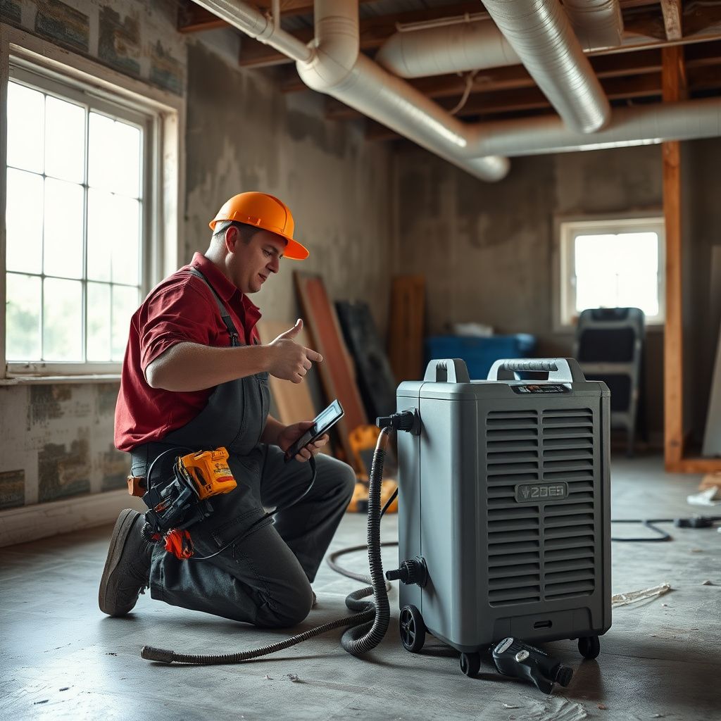 A Storm Guard Mold Removal technician wearing PPE, setting up a containment barrier inside a Round Rock home.