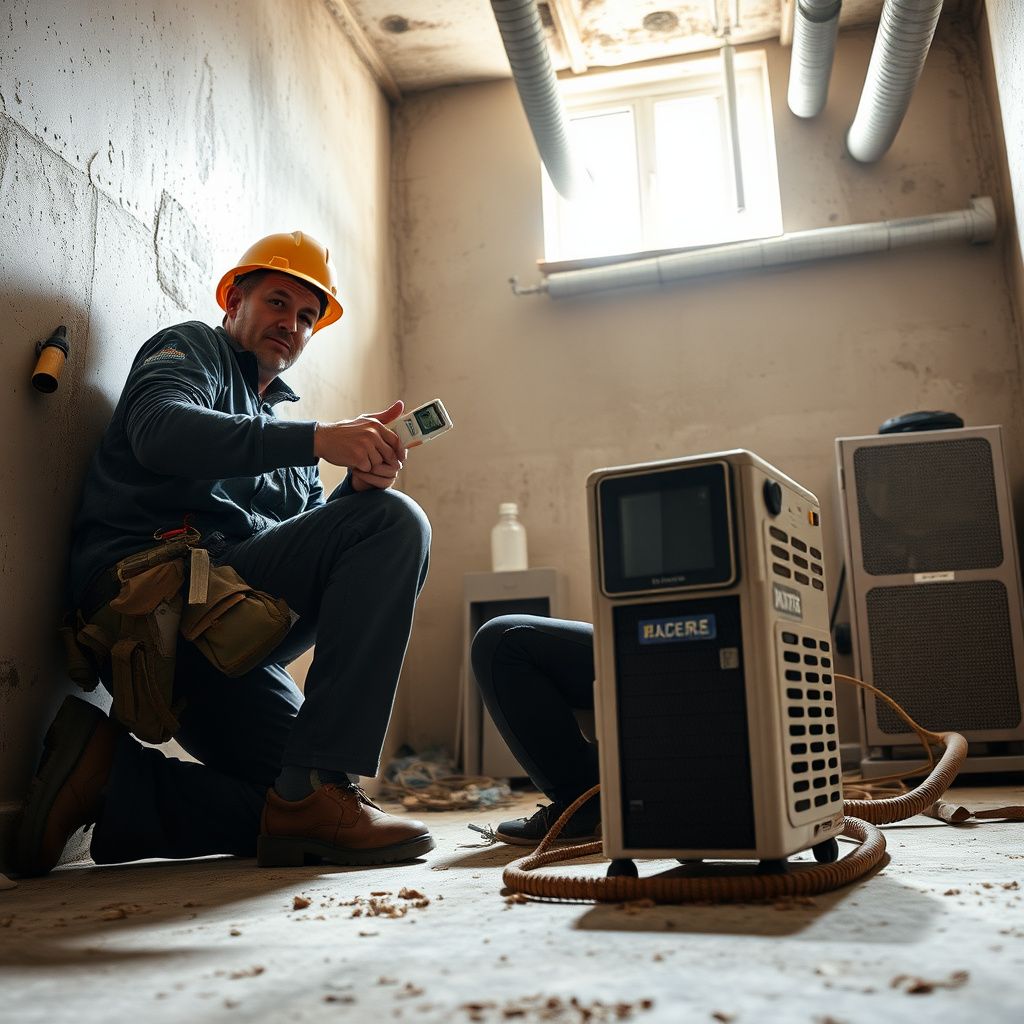 A Storm Guard Mold Removal technician in protective gear explaining the mold remediation process to a homeowner in a clean, restored room in Kyle, Texas.